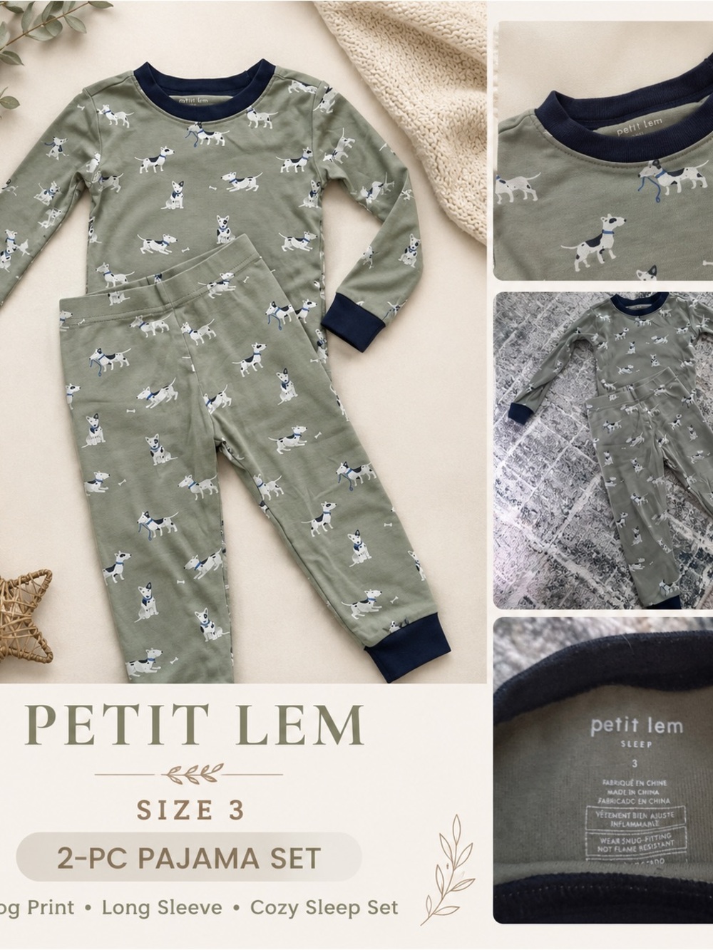 Petit Lem Olive Green Dog Print Pajama Set with Navy Trim